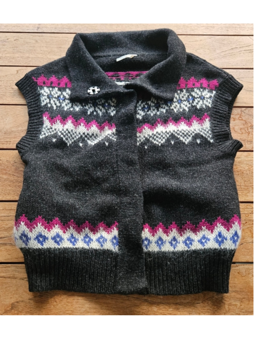 Free People Vintage Fair Isle Sweater Vest Lambswool Mohair Blend Charcoal Pink